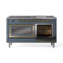 Blue-grey dual fuel range with brass trim; left oven window and right oven door open