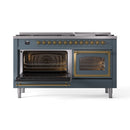Blue-grey dual fuel range with brass trim; both oven doors open, burners visible