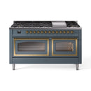 ILVE dual-fuel gas range, blue-grey with brass trim, front with cooktop burners and closed ovens