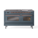 ILVE 60-Inch Nostalgie II Dual Fuel Range with 9 Burners, Griddle and Triple Glass Door Oven in Blue Grey with Copper Trim (UP60FNMPBGP)