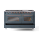 ILVE 60-Inch Nostalgie II  Propane Gas Dual Fuel Range  with 9 Burners, Griddle and Triple Glass Door Oven in Blue Grey with Copper Trim (UP60FNMPBGP)