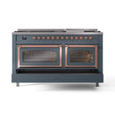 Blue grey dual-fuel range with copper-trimmed knobs and two closed oven doors