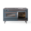 ILVE 60-Inch Nostalgie II Dual Fuel Range with 9 Burners, Griddle and Triple Glass Door Oven in Blue Grey with Copper Trim (UP60FNMPBGP)