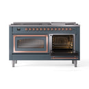 Blue grey dual-fuel range with one oven open and copper-trimmed control knobs