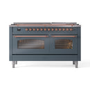 ILVE 60-Inch Nostalgie II  Propane Gas Dual Fuel Range  with 9 Burners, Griddle and Triple Glass Door Oven in Blue Grey with Copper Trim (UP60FNMPBGP)