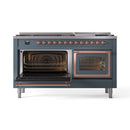 Blue grey dual-fuel range with both ovens open and copper-trim door frames