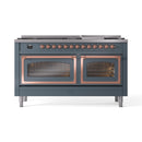 Blue grey dual-fuel range front with two closed oven doors and copper trim