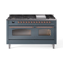 ILVE 60-Inch Nostalgie II  Propane Gas Dual Fuel Range  with 9 Burners, Griddle and Triple Glass Door Oven in Blue Grey with Copper Trim (UP60FNMPBGP)