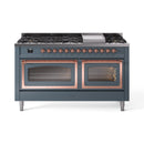 Blue grey dual-fuel range with cooktop burners and two oven doors with windows