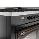 ILVE dual fuel range control area with knobs, glossy black front and bronze handle