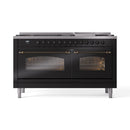 ILVE 60-Inch Nostalgie II  Propane Gas Dual Fuel Range  with 9 Burners, Griddle and Triple Glass Door Oven in Glossy Black with Bronze Trim (UP60FNMPBKB)