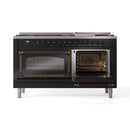ILVE dual fuel range with two open oven doors and lit racks, glossy black and bronze