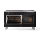 ILVE dual fuel range with both ovens open, glowing heating elements, glossy black and bronze
