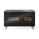 ILVE dual fuel range with glass oven doors closed, glossy black finish and bronze trim