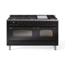 ILVE 60-Inch Nostalgie II  Propane Gas Dual Fuel Range  with 9 Burners, Griddle and Triple Glass Door Oven in Glossy Black with Bronze Trim (UP60FNMPBKB)