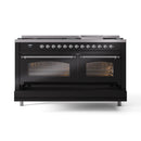 ILVE 60-Inch Nostalgie II  Propane Gas Dual Fuel Range  with 9 Burners, Griddle and Triple Glass Door Oven in Glossy Black with Chrome Trim (UP60FNMPBKC)