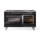 ILVE 60-Inch Nostalgie II Dual Fuel Range with 9 Burners, Griddle and Triple Glass Door Oven in Glossy Black with Chrome Trim (UP60FNMPBKC)