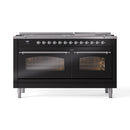 ILVE 60-Inch Nostalgie II  Propane Gas Dual Fuel Range  with 9 Burners, Griddle and Triple Glass Door Oven in Glossy Black with Chrome Trim (UP60FNMPBKC)