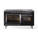 ILVE 60-Inch Nostalgie II Dual Fuel Range with 9 Burners, Griddle and Triple Glass Door Oven in Glossy Black with Chrome Trim (UP60FNMPBKC)