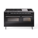 ILVE 60-Inch Nostalgie II  Propane Gas Dual Fuel Range  with 9 Burners, Griddle and Triple Glass Door Oven in Glossy Black with Chrome Trim (UP60FNMPBKC)