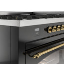 ILVE 60-Inch Nostalgie II Dual Fuel Range with 9 Burners, Griddle and Triple Glass Door Oven in Glossy Black with Brass Trim (UP60FNMPBKG)