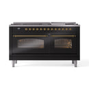 ILVE 60-Inch Nostalgie II Dual Fuel Range with 9 Burners, Griddle and Triple Glass Door Oven in Glossy Black with Brass Trim (UP60FNMPBKG)