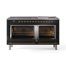 ILVE 60-Inch Nostalgie II  Propane Gas Dual Fuel Range  with 9 Burners, Griddle and Triple Glass Door Oven in Glossy Black with Brass Trim (UP60FNMPBKG)
