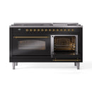 ILVE 60-Inch Nostalgie II Dual Fuel Range with 9 Burners, Griddle and Triple Glass Door Oven in Glossy Black with Brass Trim (UP60FNMPBKG)