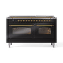 ILVE 60-Inch Nostalgie II  Propane Gas Dual Fuel Range  with 9 Burners, Griddle and Triple Glass Door Oven in Glossy Black with Brass Trim (UP60FNMPBKG)