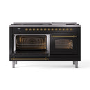 ILVE 60-Inch Nostalgie II  Propane Gas Dual Fuel Range  with 9 Burners, Griddle and Triple Glass Door Oven in Glossy Black with Brass Trim (UP60FNMPBKG)