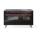 ILVE 60-Inch Nostalgie II Dual Fuel Range with 9 Burners, Griddle and Triple Glass Door Oven in Glossy Black with Copper Trim (UP60FNMPBKP)