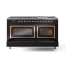 Black dual fuel range with copper-trimmed double ovens, closed doors and front knobs