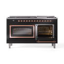 Black dual fuel range with left oven open and right oven open, copper-trim doors