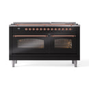 ILVE 60-Inch Nostalgie II Dual Fuel Range with 9 Burners, Griddle and Triple Glass Door Oven in Glossy Black with Copper Trim (UP60FNMPBKP)