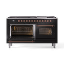 ILVE 60-Inch Nostalgie II  Propane Gas Dual Fuel Range  with 9 Burners, Griddle and Triple Glass Door Oven in Glossy Black with Copper Trim (UP60FNMPBKP)