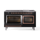 Dual fuel range with both ovens open and glowing interior, copper-trim door frames