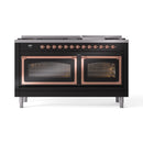 Black dual fuel range with copper-trimmed double oven doors and front control knobs