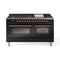 ILVE 60-Inch Nostalgie II  Propane Gas Dual Fuel Range  with 9 Burners, Griddle and Triple Glass Door Oven in Glossy Black with Copper Trim (UP60FNMPBKP)