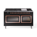 Glossy black dual fuel range with copper-trimmed double ovens and front burner controls