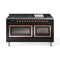 ILVE Nostalgie II Noblesse 60-Inch 5.8 Cu. Ft. Dual Oven Natural Gas Dual Fuel Range with 9 Burners, Griddle and Triple Glass Door in Glossy Black with Copper Trim (UN60FNMPBKP)