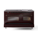 ILVE 60-Inch Nostalgie II  Propane Gas Dual Fuel Range  with 9 Burners, Griddle and Triple Glass Door Oven in Burgundy with Bronze Trim (UP60FNMPBUB)