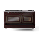 ILVE dual fuel range with burgundy front, bronze-trim glass oven doors