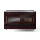 Burgundy dual-fuel range with two glass oven doors and bronze trim, 9 burner cooktop