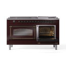 Burgundy dual-fuel range with one oven door open and bronze handles, front view