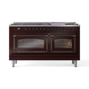 Burgundy dual-fuel range with two closed glass oven doors and bronze trim
