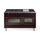 ILVE dual fuel range with burgundy body, bronze trim, and six-burner cooktop