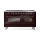 ILVE 60-Inch Nostalgie II  Propane Gas Dual Fuel Range  with 9 Burners, Griddle and Triple Glass Door Oven in Burgundy with Chrome Trim (UP60FNMPBUC)