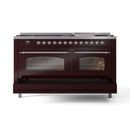 ILVE 60-Inch Nostalgie II  Propane Gas Dual Fuel Range  with 9 Burners, Griddle and Triple Glass Door Oven in Burgundy with Chrome Trim (UP60FNMPBUC)