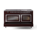 Burgundy dual fuel range with two closed oven doors and chrome trim, front view