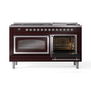 Burgundy dual fuel gas range with left oven open and right oven closed.
